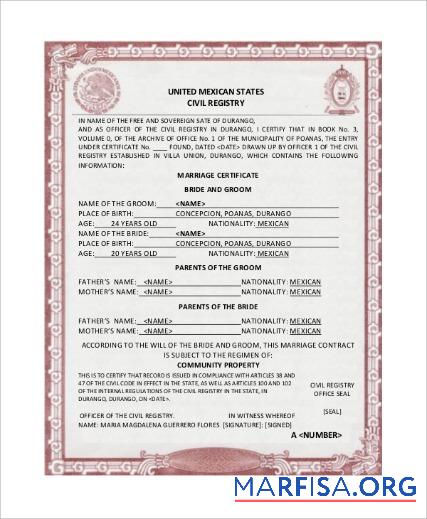 Downloadable United Mexican States civil registry marriage certificate example